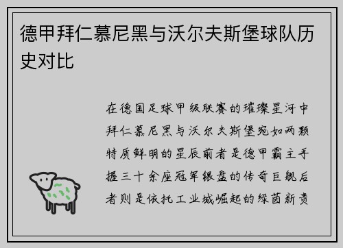 德甲拜仁慕尼黑与沃尔夫斯堡球队历史对比
